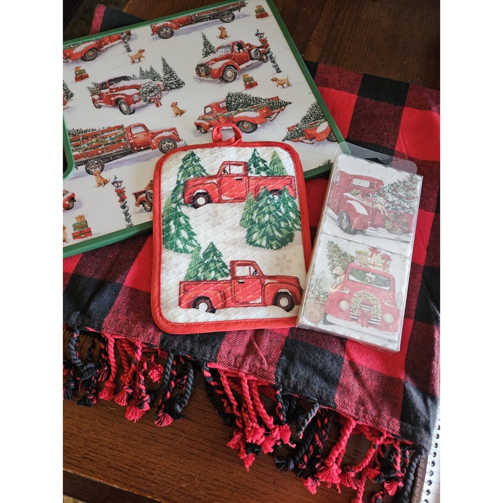 Christmas Decor Little Red Truck Kitchen pot holder, cutting board, coasters New